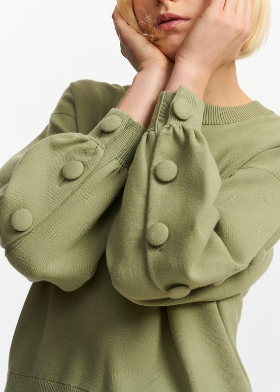 Khaki knitted sweater with buttoned sleeves