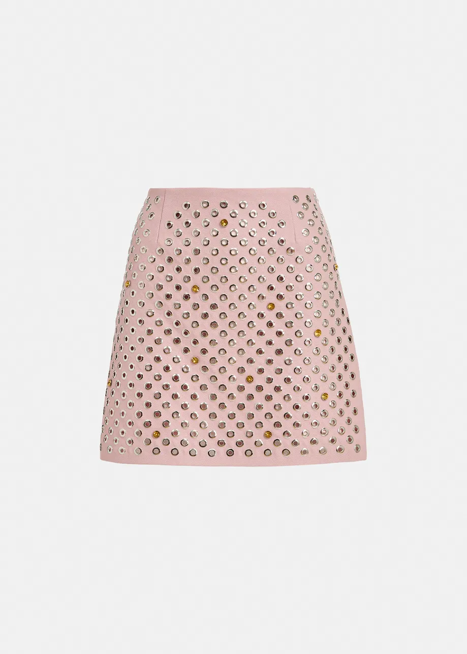 Light pink cotton canvas mini skirt with embellishments