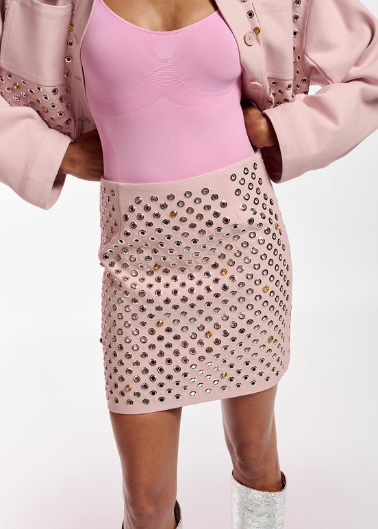 Light pink cotton canvas mini skirt with embellishments