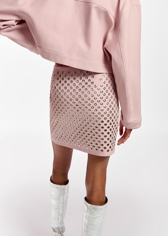 Light pink cotton canvas mini skirt with embellishments