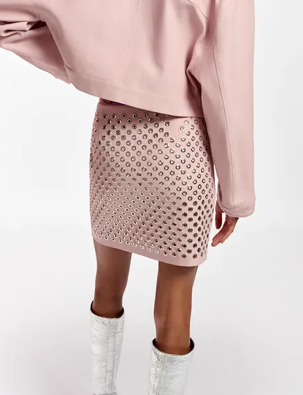 Light pink cotton canvas mini skirt with embellishments