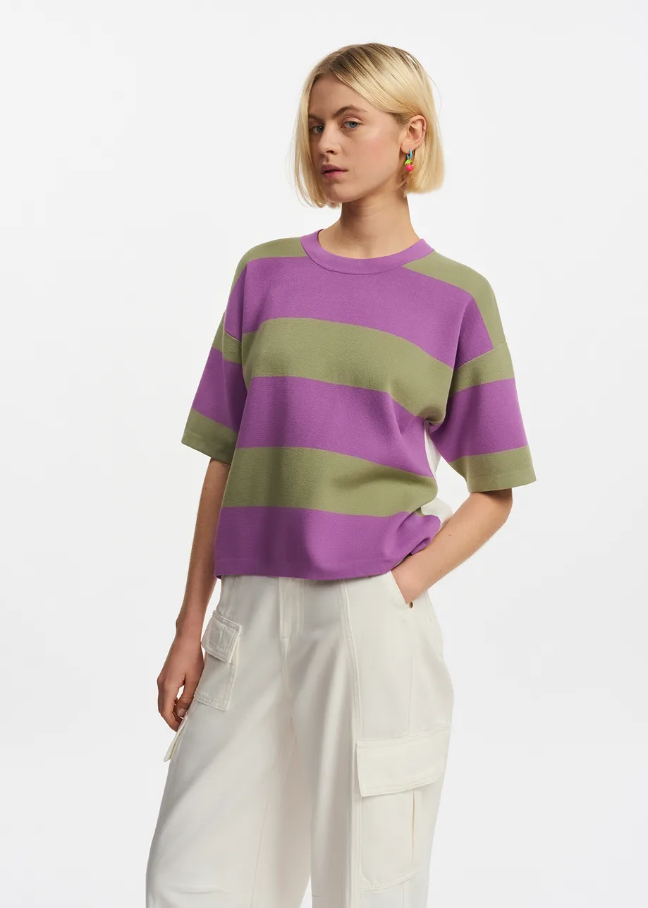 Purple and light khaki striped knit sweater