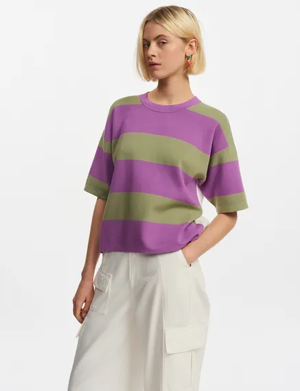 Purple and light khaki striped knit sweater