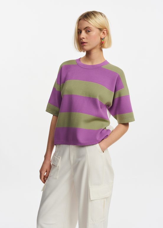 Purple and light khaki striped knit sweater