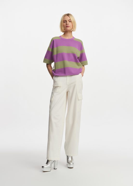 Purple and light khaki striped knit sweater