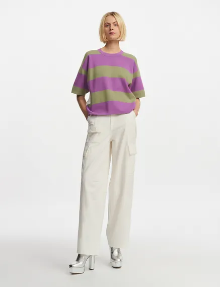 Purple and light khaki striped knit sweater