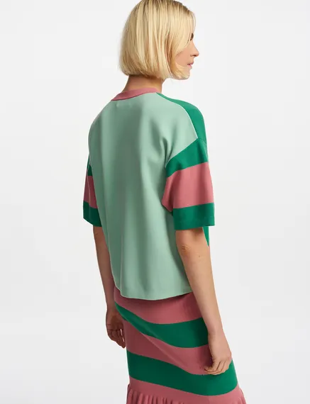 Pull à rayures vieux rose et vert