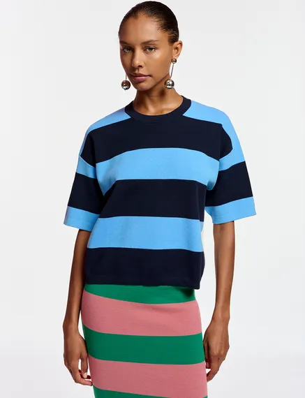 Blue and navy blue striped knit sweater