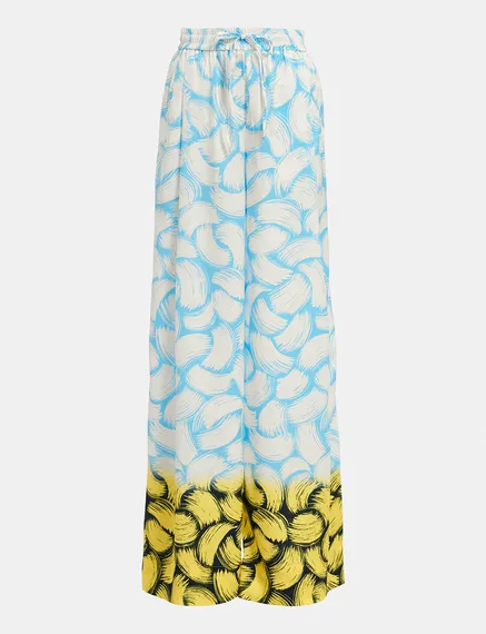 Blue, off-white and yellow abstract-print wide-leg pants