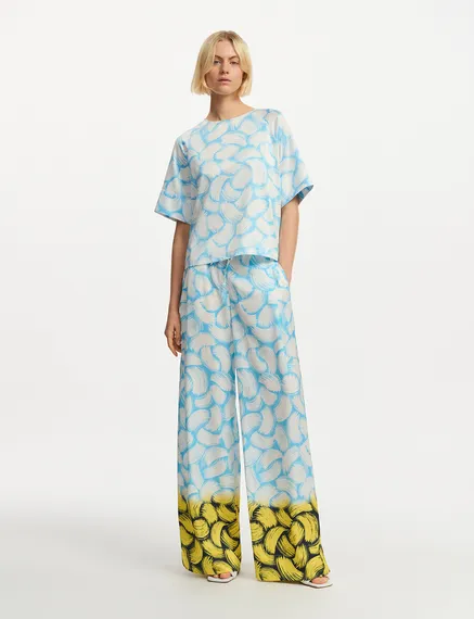 Blue, off-white and yellow abstract-print wide-leg pants