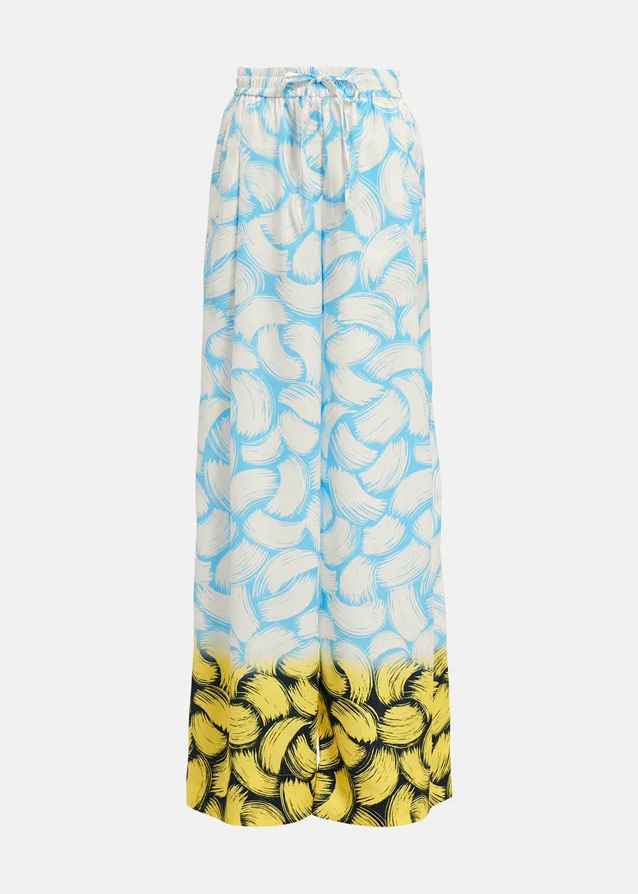 Blue, off-white and yellow abstract-print wide-leg pants
