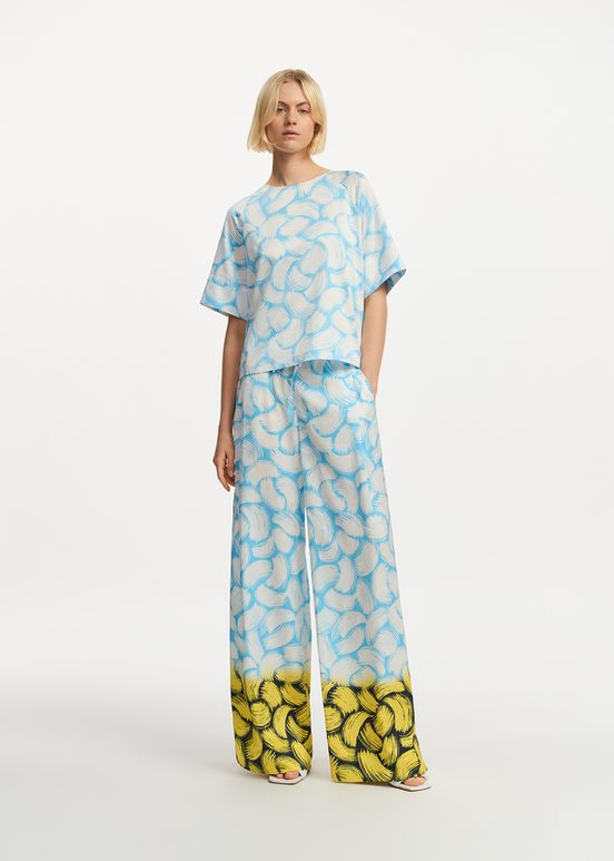 Blue, off-white and yellow abstract-print wide-leg pants