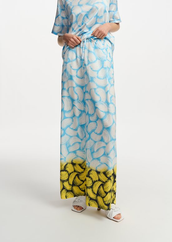 Blue, off-white and yellow abstract-print wide-leg pants