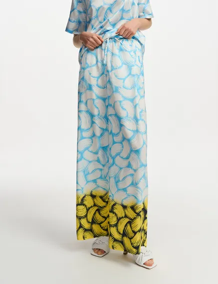 Blue, off-white and yellow abstract-print wide-leg pants