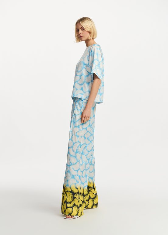 Blue, off-white and yellow abstract-print wide-leg pants