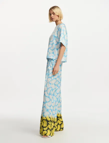 Blue, off-white and yellow abstract-print wide-leg pants