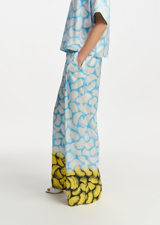 Blue, off-white and yellow abstract-print wide-leg pants