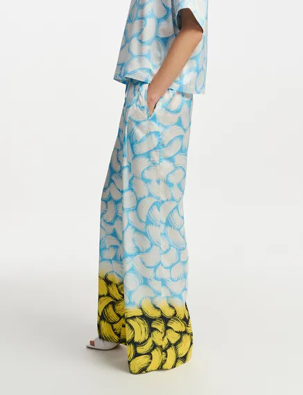 Blue, off-white and yellow abstract-print wide-leg pants