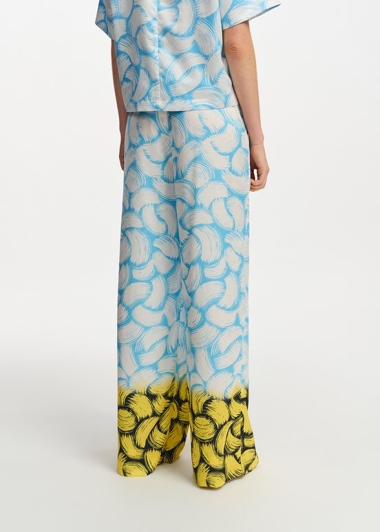 Blue, off-white and yellow abstract-print wide-leg pants