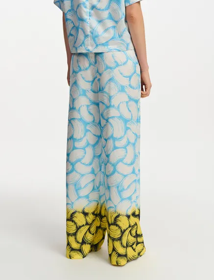 Blue, off-white and yellow abstract-print wide-leg pants