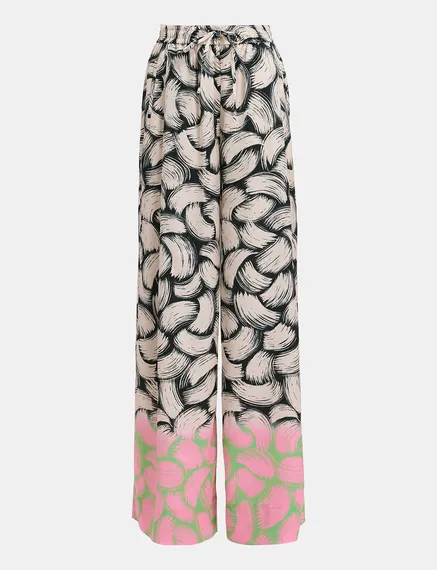 Black, off-white and pink abstract-print wide-leg pants