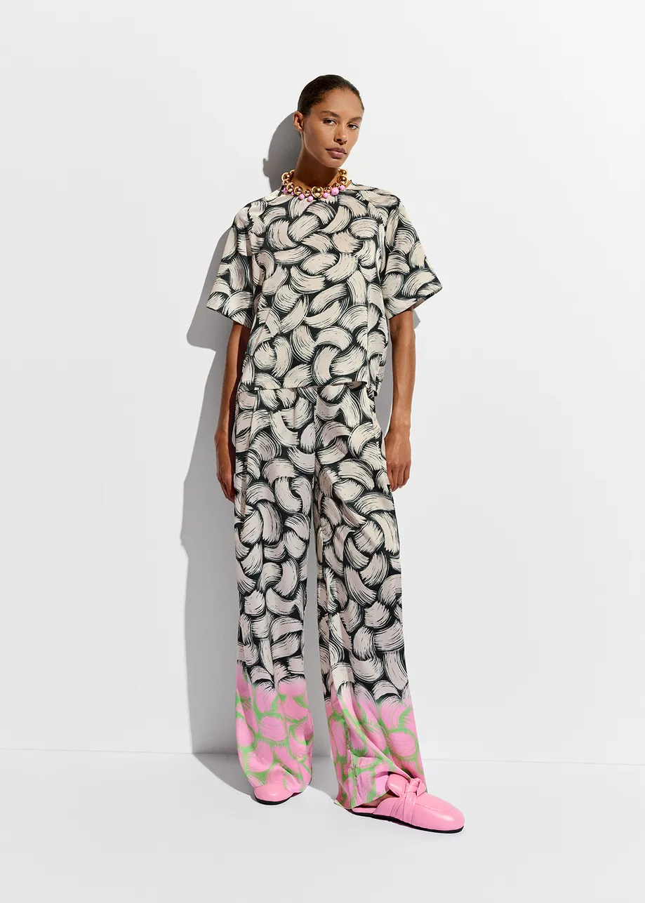 Black, off-white and pink abstract-print wide-leg pants