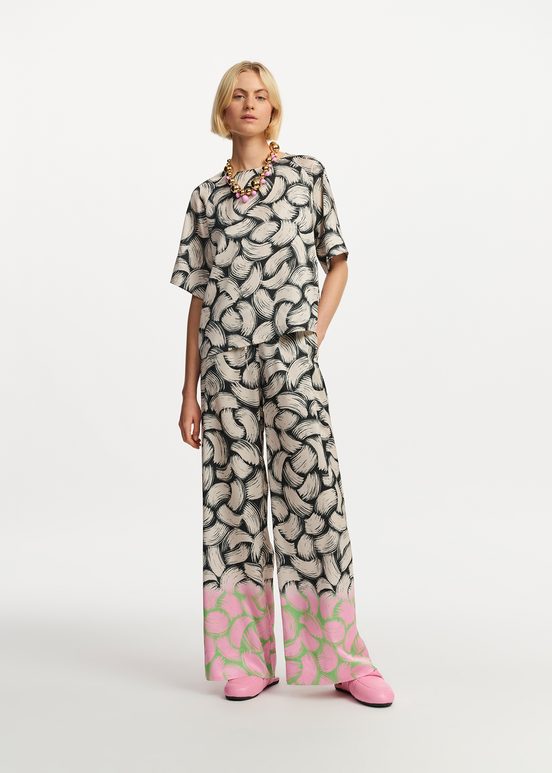 Black, off-white and pink abstract-print wide-leg pants