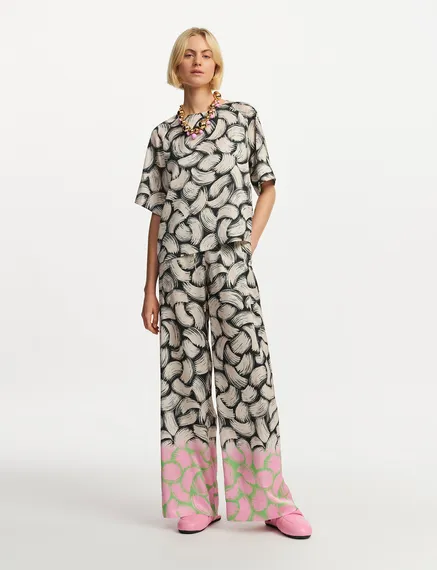 Black, off-white and pink abstract-print wide-leg pants