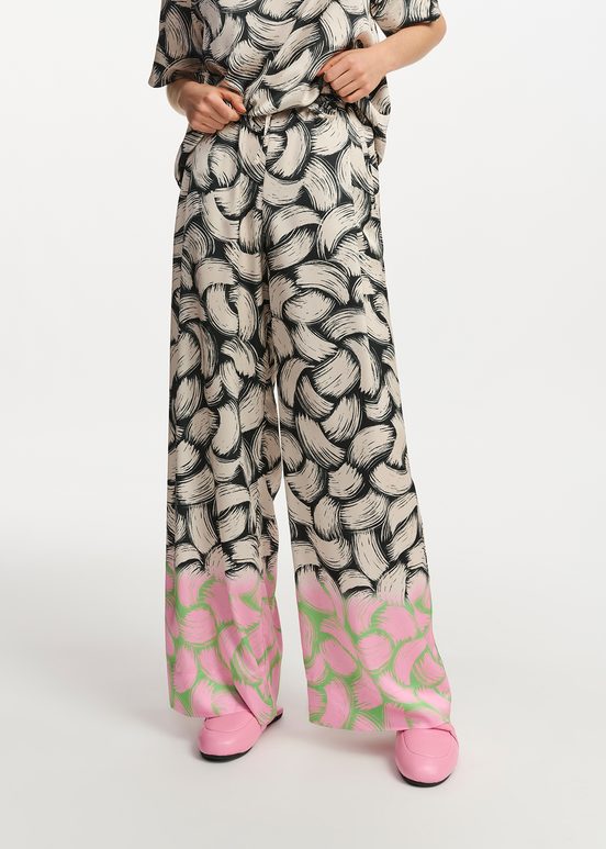 Black, off-white and pink abstract-print wide-leg pants