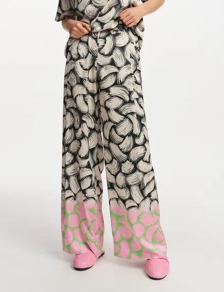 Black, off-white and pink abstract-print wide-leg pants