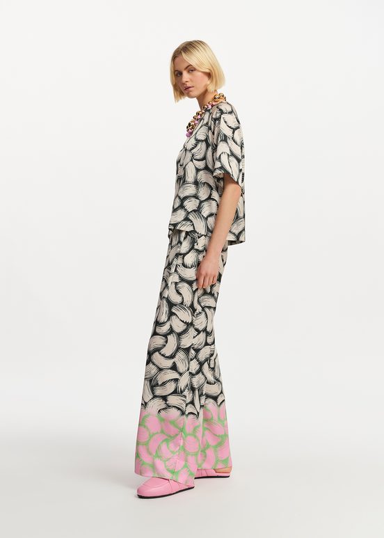 Black, off-white and pink abstract-print wide-leg pants