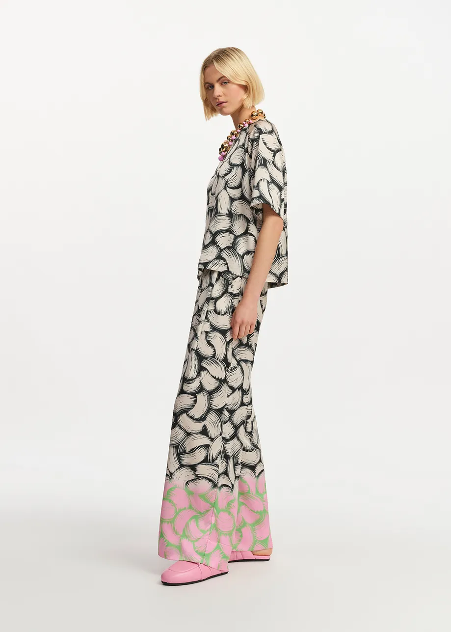 Black, off-white and pink abstract-print wide-leg pants