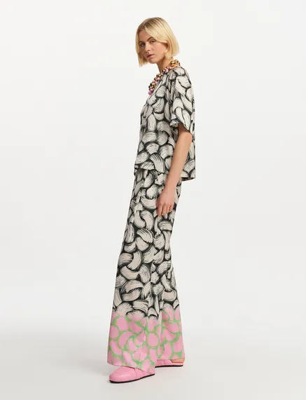 Black, off-white and pink abstract-print wide-leg pants