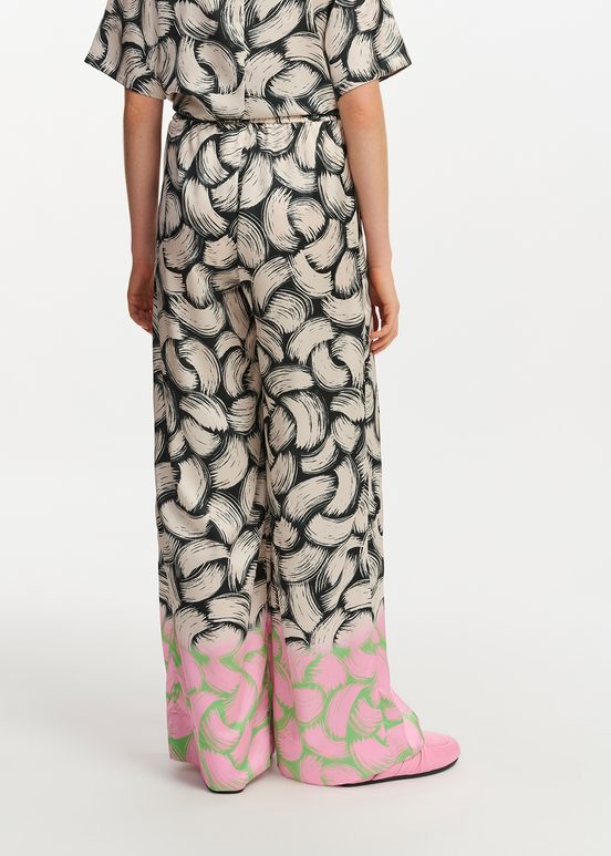 Black, off-white and pink abstract-print wide-leg pants