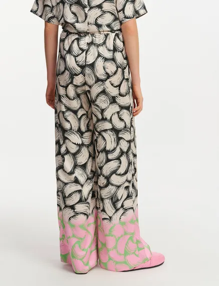 Black, off-white and pink abstract-print wide-leg pants