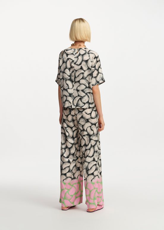 Black, off-white and pink abstract-print wide-leg pants