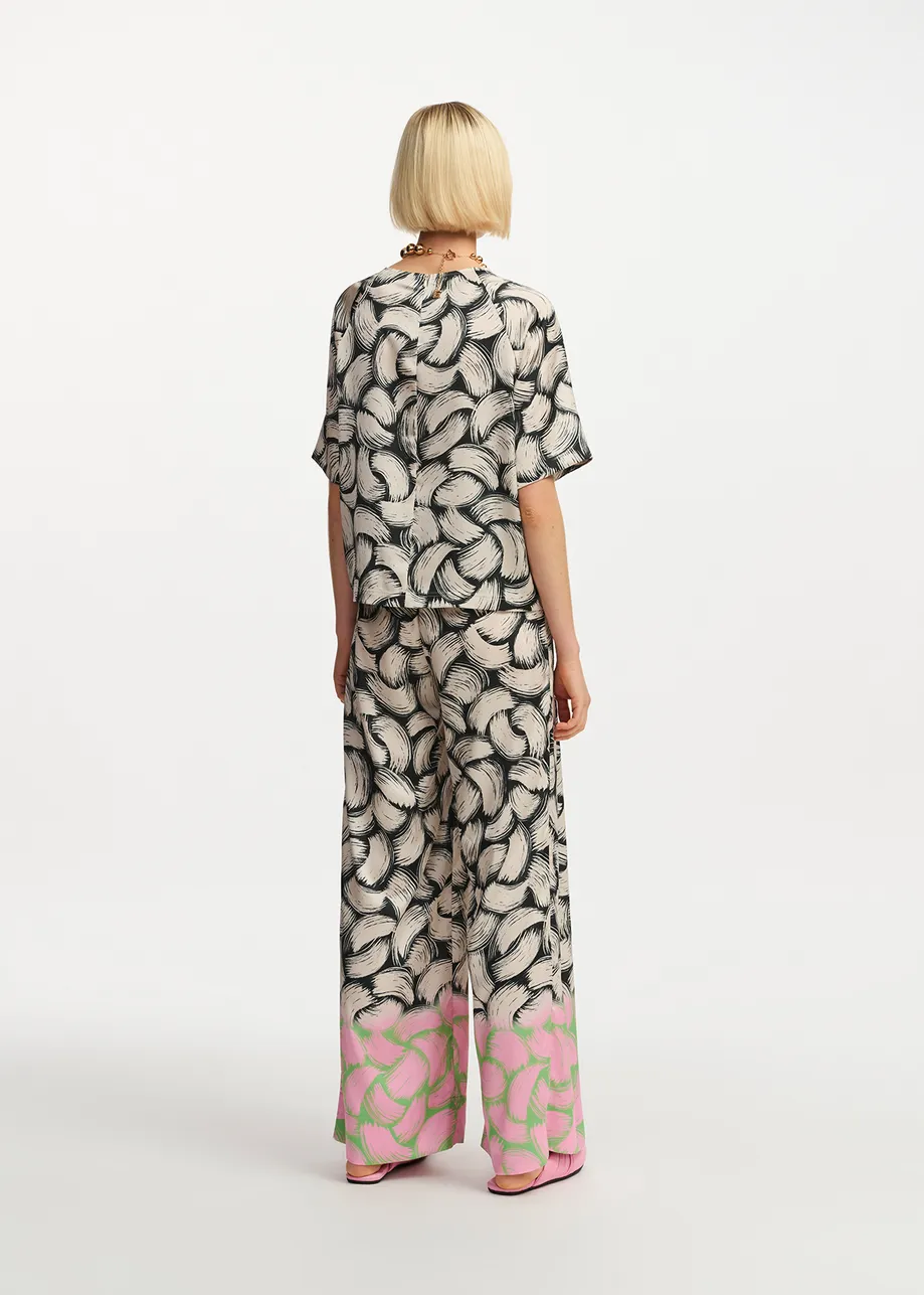 Black, off-white and pink abstract-print wide-leg pants