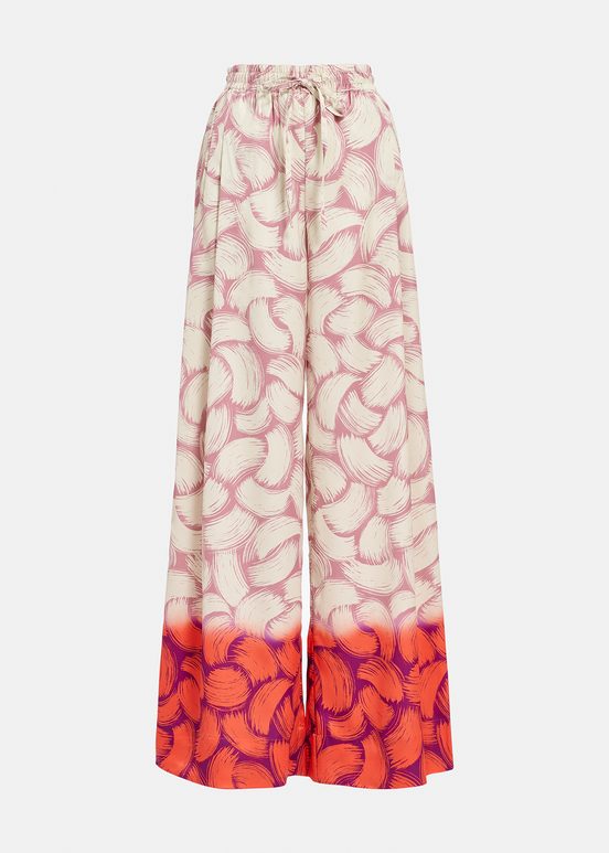 Pantalon large à imprimé abstrait vieux rose, blanc cassé et rouge