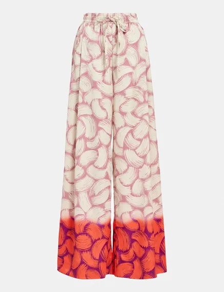 Pantalon large à imprimé abstrait vieux rose, blanc cassé et rouge