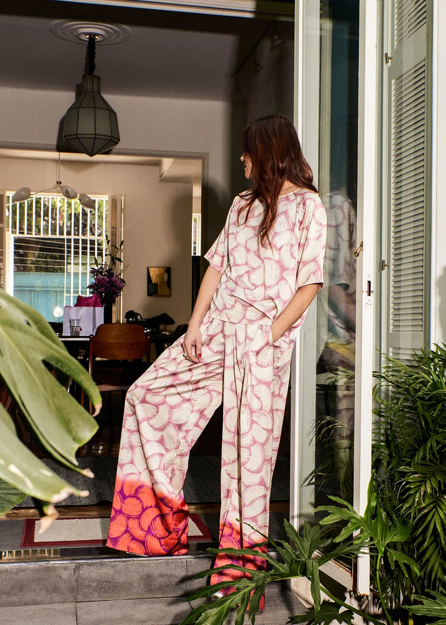Vintage pink, off-white and red abstract-print wide-leg pants