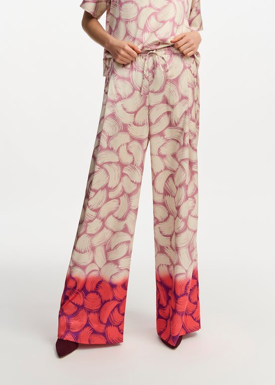 Pantalon large à imprimé abstrait vieux rose, blanc cassé et rouge