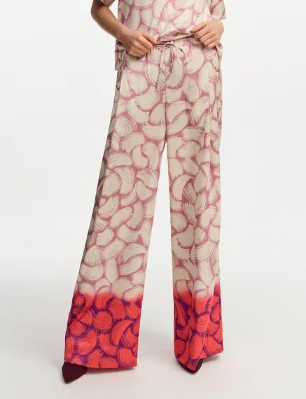 Pantalon large à imprimé abstrait vieux rose, blanc cassé et rouge