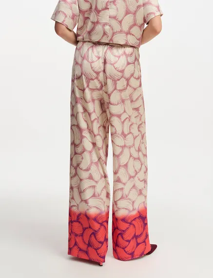 Altrosa, cremefarbene und rote Hose mit abstraktem Print und weitem Bein