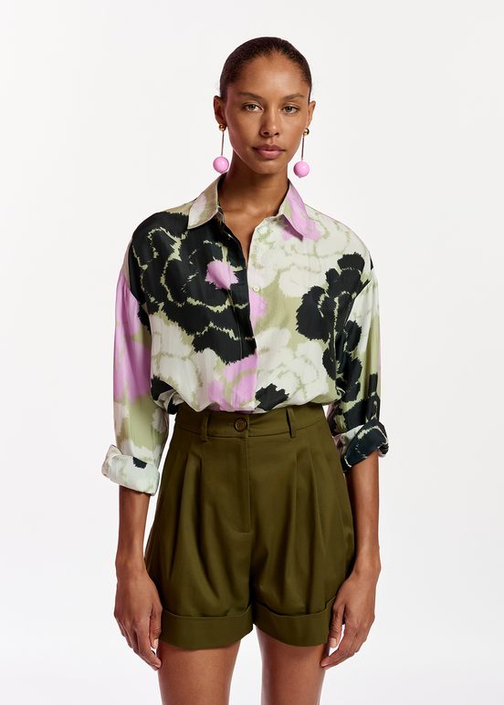 Light khaki silk shirt with floral print