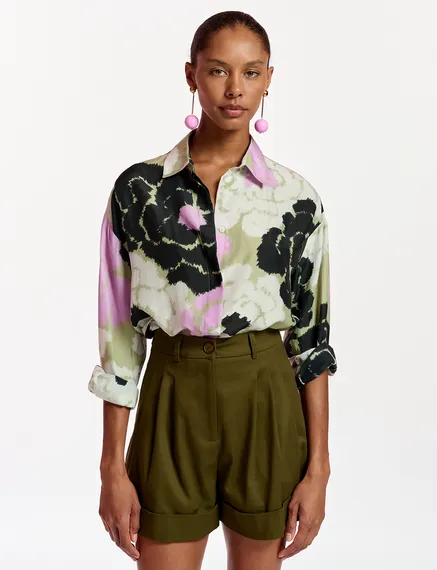 Light khaki silk shirt with floral print