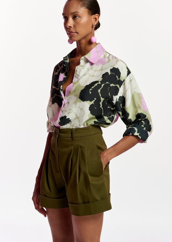 Light khaki silk shirt with floral print