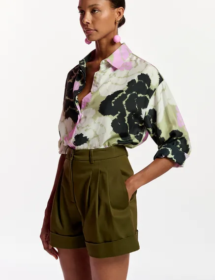 Light khaki silk shirt with floral print