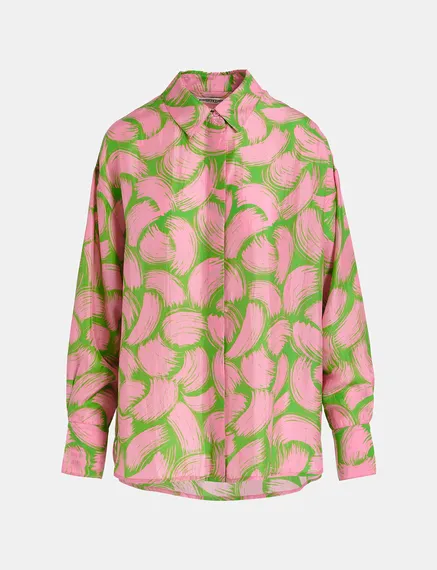 Green and light pink silk shirt with abstract print