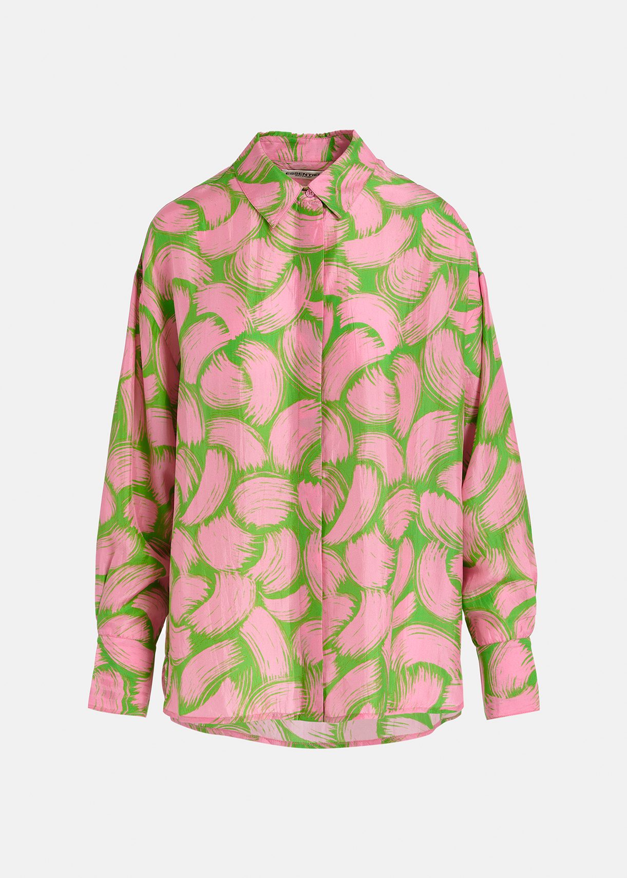 Green and light pink silk shirt with abstract print