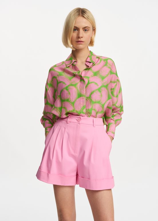 Green and light pink silk shirt with abstract print